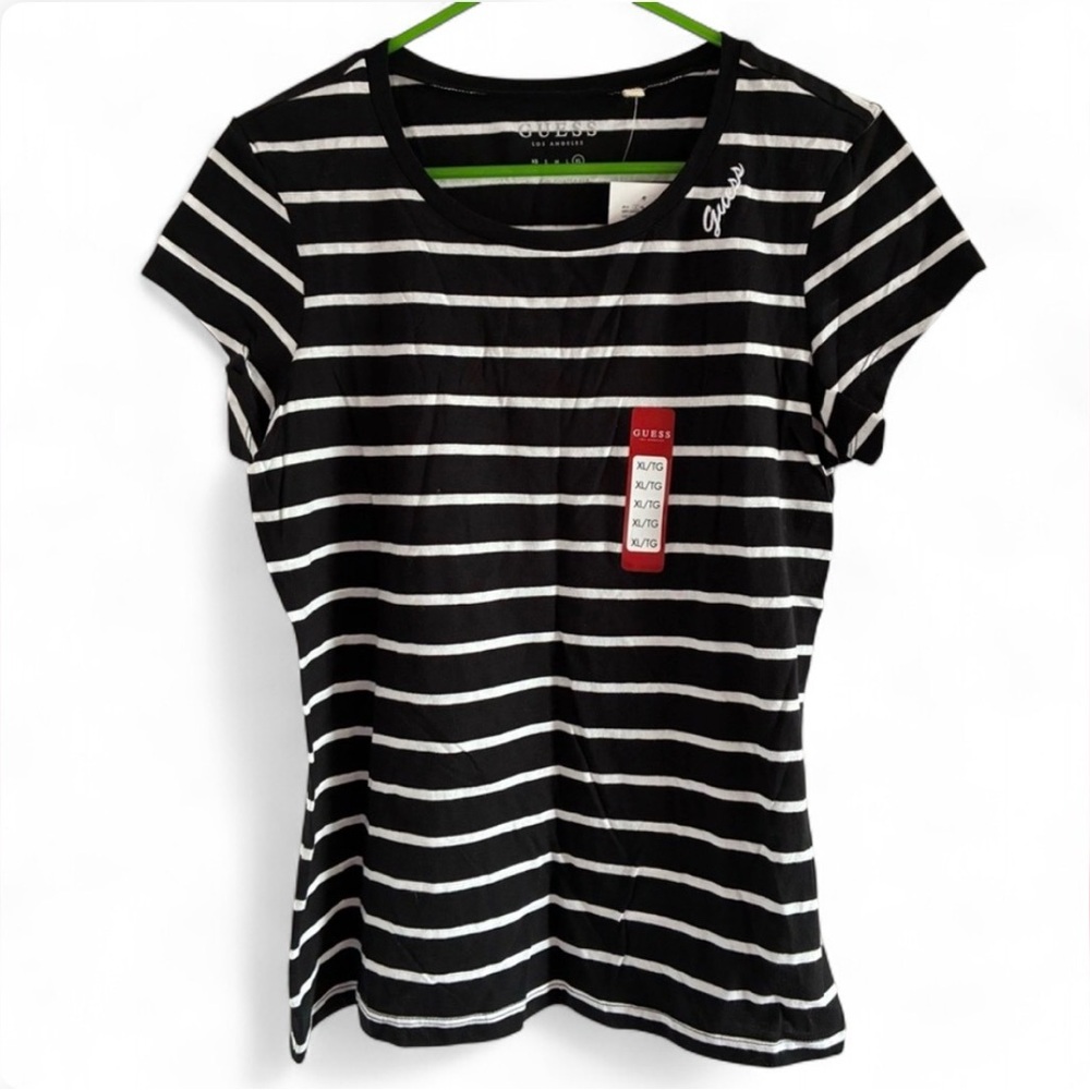GUESS Black & White Striped Tee with Script Logo